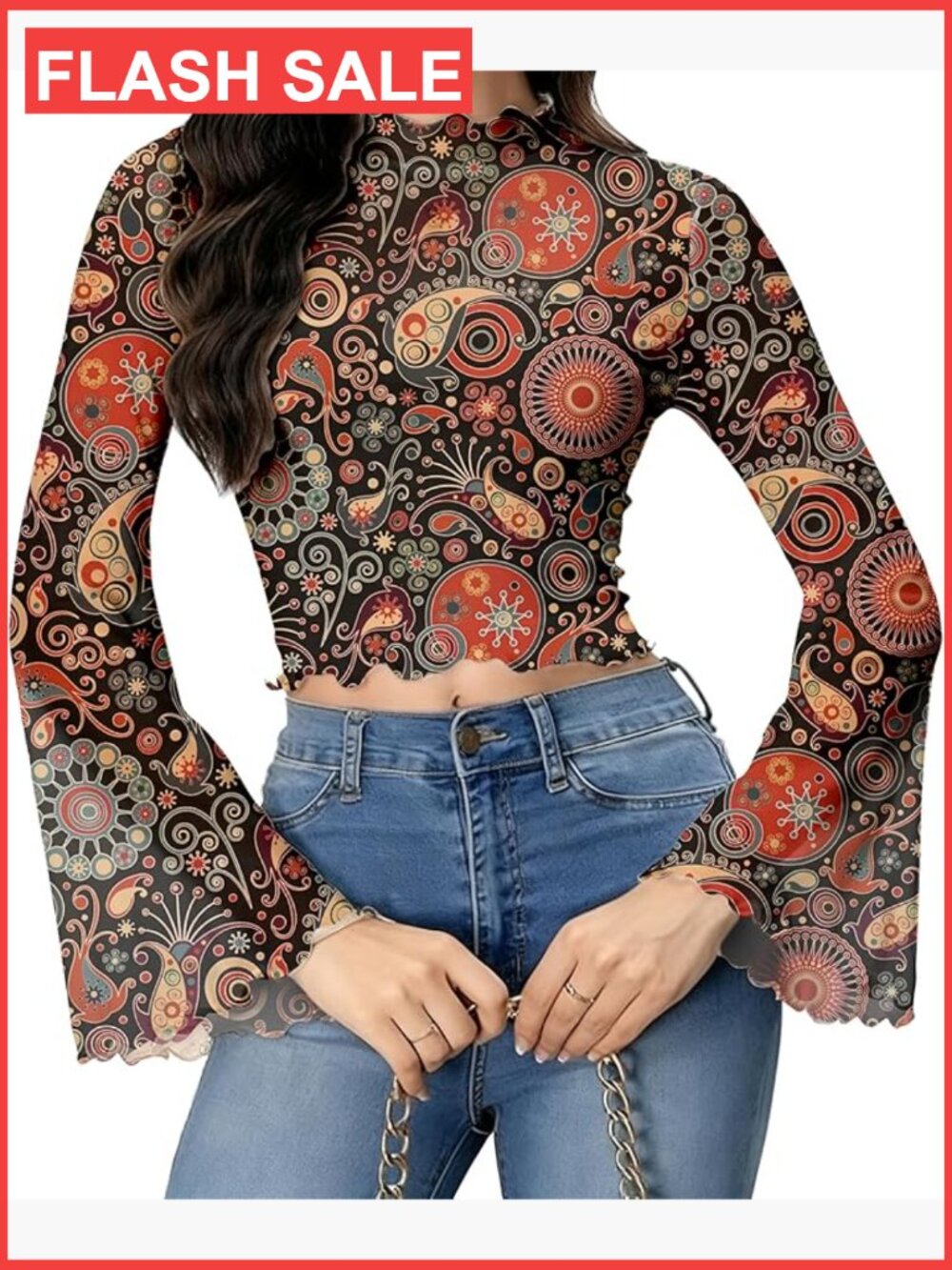 Y2K Floral Bell Sleeve Crop Top Disco Mock Neck Mesh Long Sleeve Boho Shirt